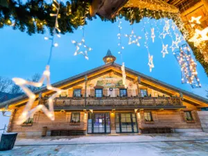 Kristall Therme building with festive lights