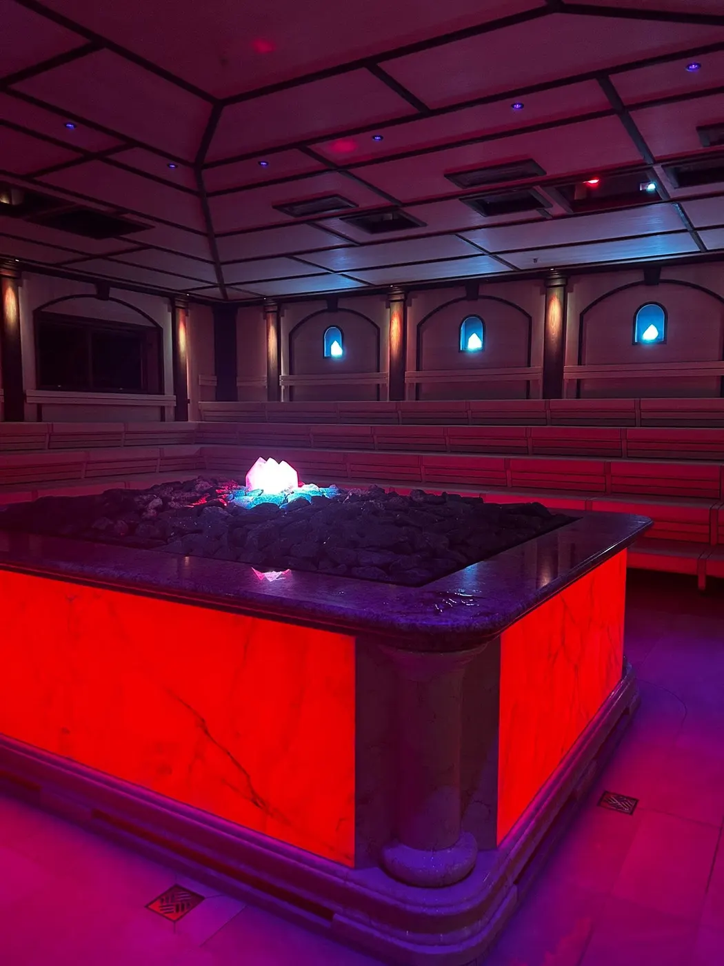Glowing red stove in the Kristall Aufguss theatre